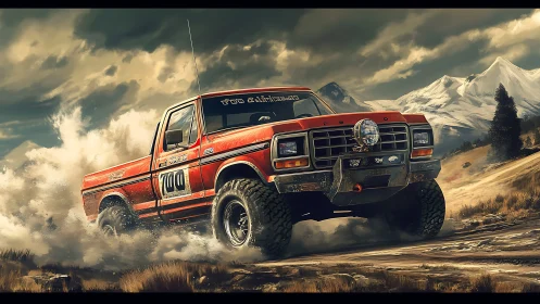 Red mountain truck kicking up dust on a wild trail.