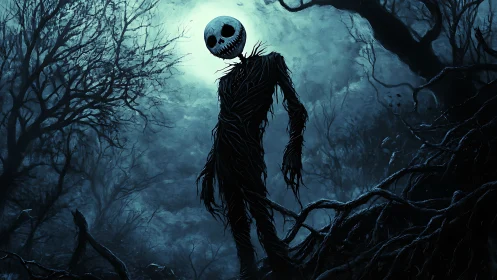 Moonlit twig scarecrow looming in haunted night forest.