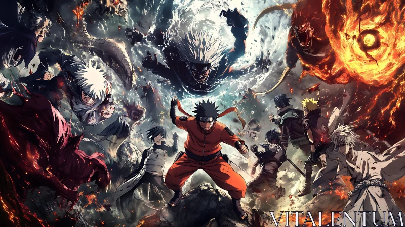 Storm-born shinobi clash amid swirling fire and shadow.