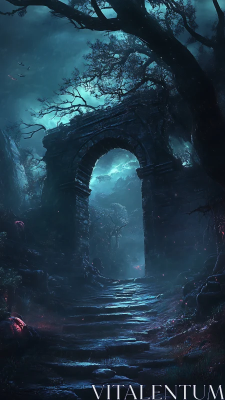Ancient stone gate glows under eerie moonlit forest sky