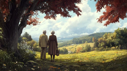 Elderly couple observes sunlit valley beneath red maple tree