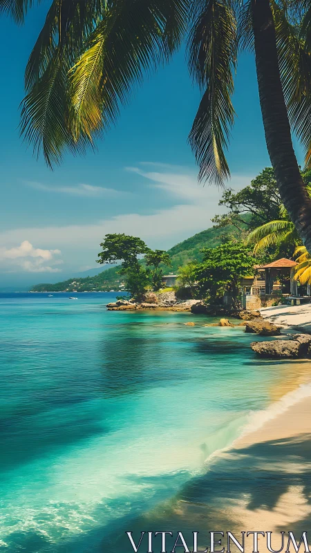 Tropical Coastal Landscape with Palm-Framed Azure Waters and Verdant Hillside Terrain