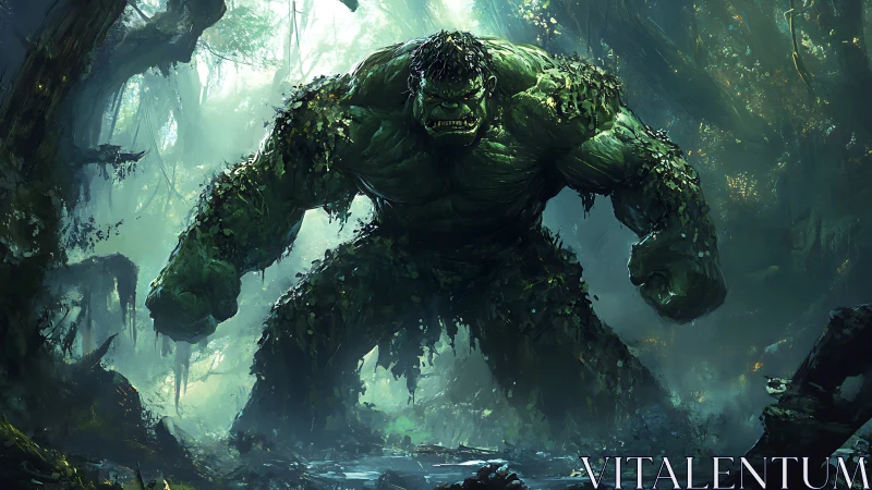 Moss covered jungle behemoth stalking through misty swamp.