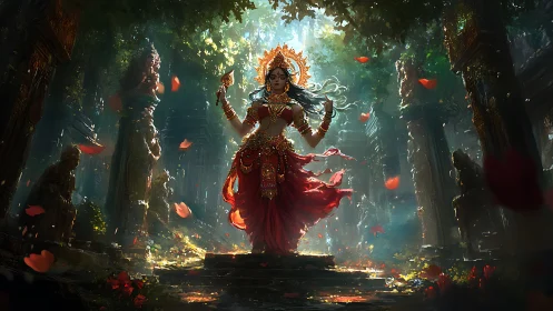 Mystic temple dancer commands light in overgrown ruins