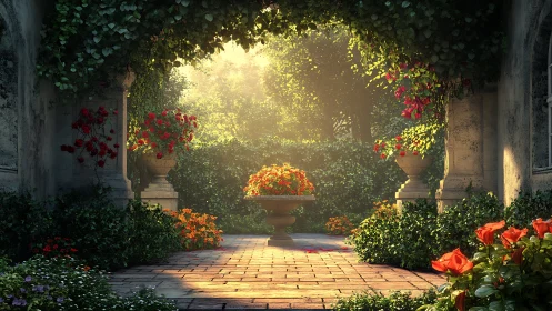 Sunlit stone courtyard frames lush flower-filled garden
