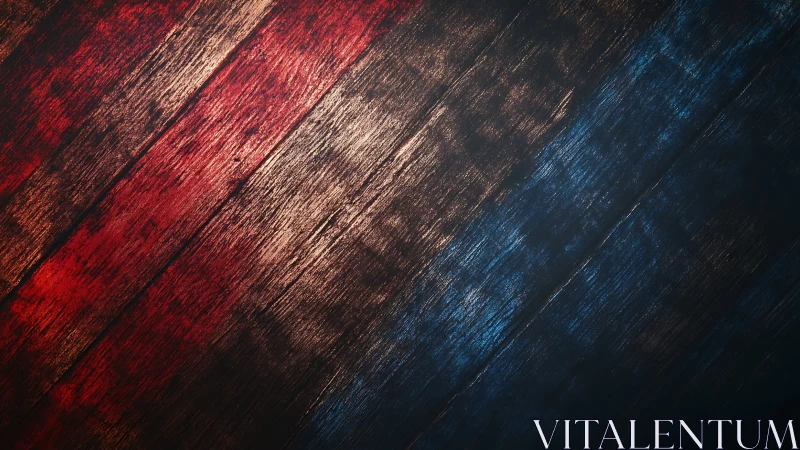 Textured red and blue wooden planks glow with dramatic light