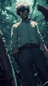 Demonic anime warrior stands amid chainsaw chaos sky.
