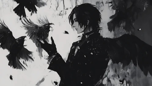 Monochrome winged figure interacting with multiple crows.