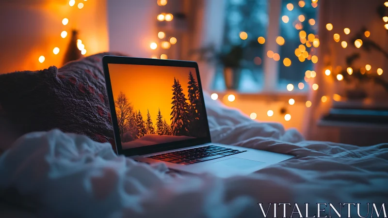 Laptop portal turns a cozy bedroom into glowing winter dusk