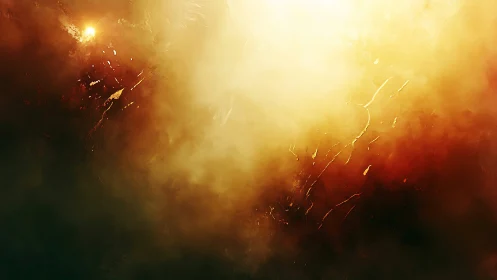 Explosive golden light burst with ember streams and smoke.