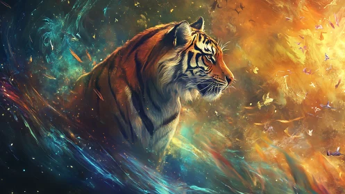 Majestic cosmic tiger surrounded by swirling starlit colors.