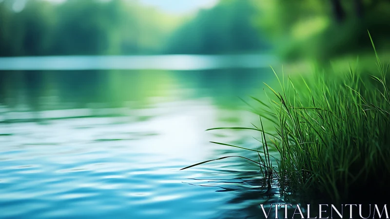 Lakeside grass catches soft light beside calm blue water.