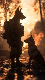 Anthropomorphic canine soldier with dog in burning forest.