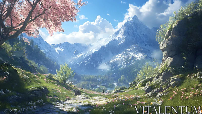 Springtime valley path beneath peaceful snowy mountains.