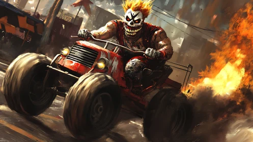 Masked driver steers red off-road buggy through urban fire