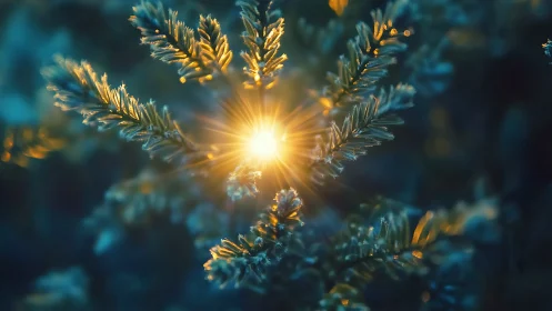Winter needles cradling a tiny sunlit spark of warmth.