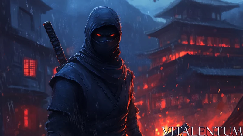 Midnight ninja stands firm amid firelit rainstorm drama.