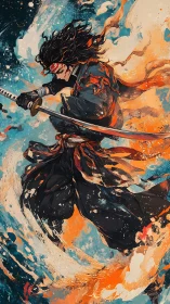 Samurai warrior slashes through swirling fire and water storm.