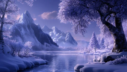 Icy mountain lake under violet twilight sky glows softly
