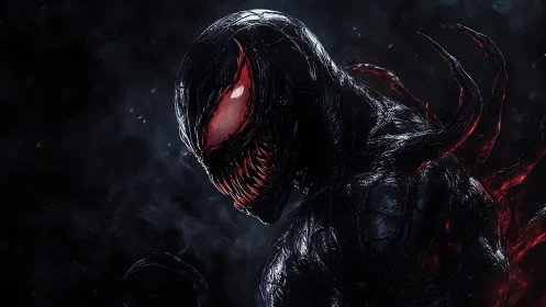 Sinister alien symbiote glares from swirling black smoke.