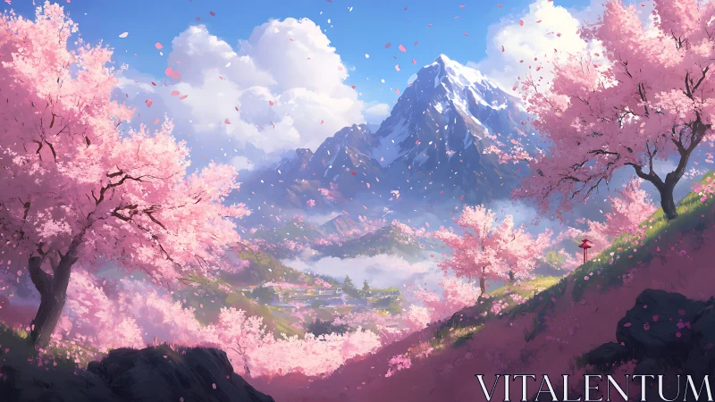 Snowy mountain valley framed by pink cherry blossoms