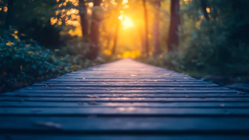 Wooden boardwalk in forest at sunrise with dreamy soft focus.