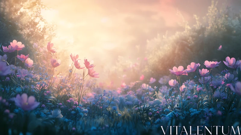 Luminous Flower Field at Golden Hour Dawn.