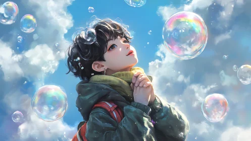 Dreamy youth gazes at iridescent bubbles in luminous sky art