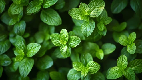 Fresh mint leaves glow in lush, vibrant green light.