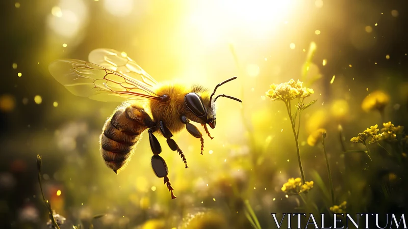 Honeybee hovers over yellow wildflowers in warm sunlight