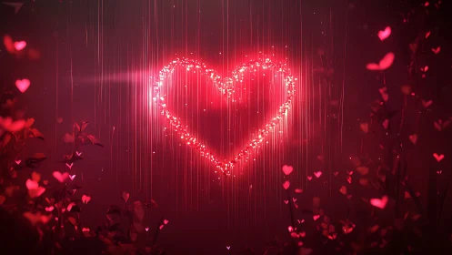Neon Heart Emanation with Particle Rain Against Burgundy Gradient