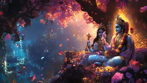 Mystical blue lovers resting in a glowing fantasy garden.