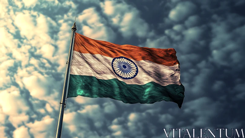 Indian national flag waves on pole against cloudy sky