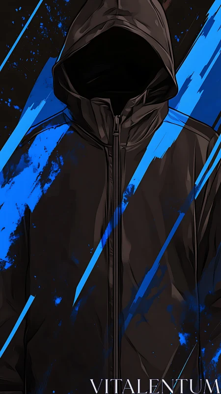 Hooded jacket silhouette with blue abstract digital streaks.