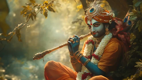 Divine blue-skinned flutist rendered in luminous digital painting