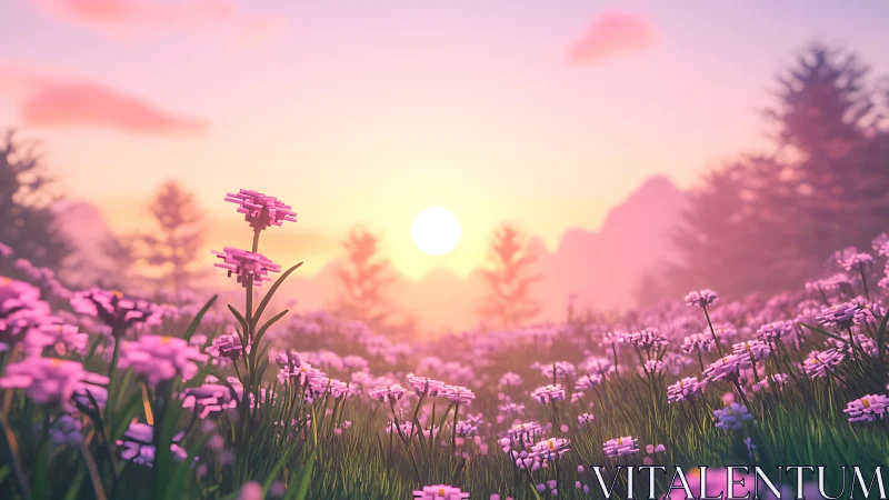 Soft sunrise glows over a peaceful meadow of pink flowers