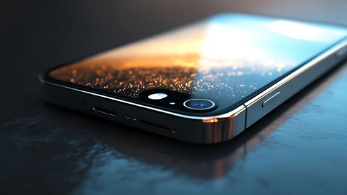 Sleek smartphone on reflective surface with glowing screen.