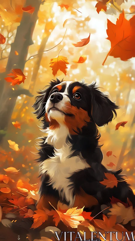 Bernese mountain dog sitting in bright autumn forest scene.