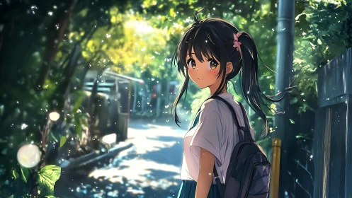 Schoolgirl walks sunlit alley under scattered summer light
