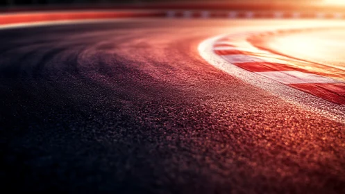 Sunlit racing circuit curve with textured asphalt surface.