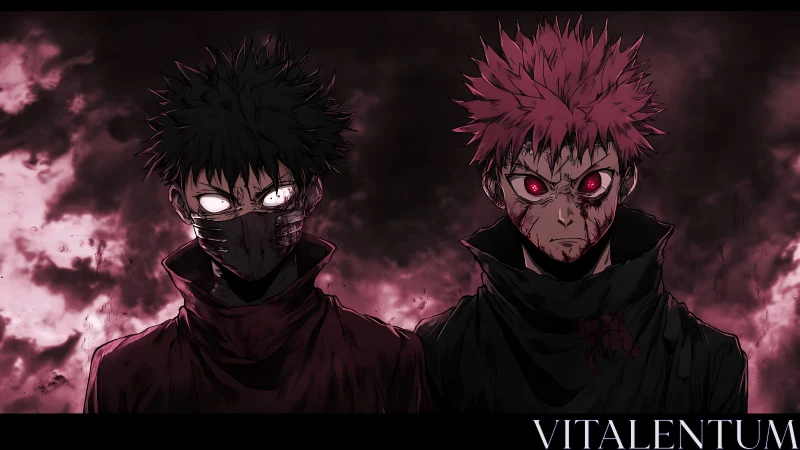 Dual malevolent figures in crimson storm, glowing eyes, anime