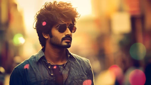 Sunlit wanderer in rose-tinted streets and drifting bokeh.