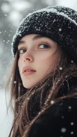 Young woman in snowy winter portrait with knit beanie.