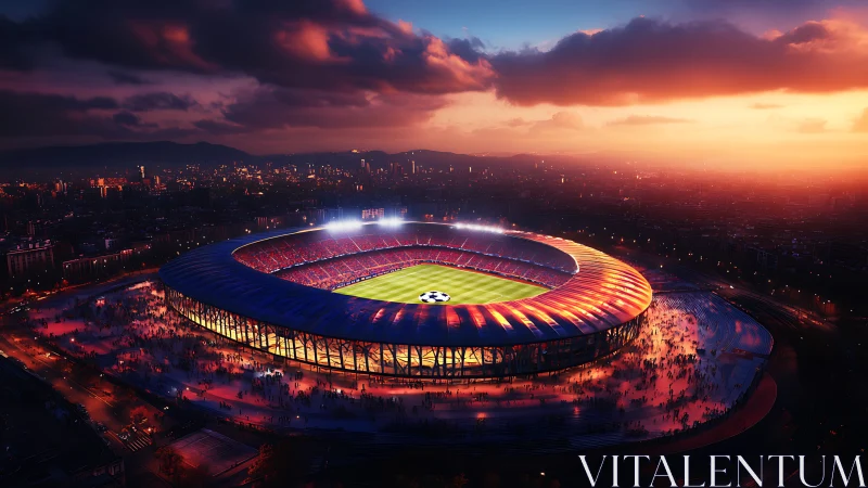 Sunset-lit football stadium glows over dense cityscape.