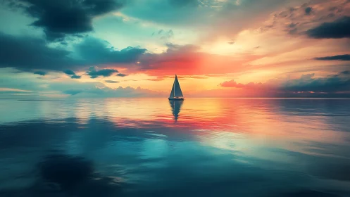 Solitary sailboat drifting through watercolor sunset calm.