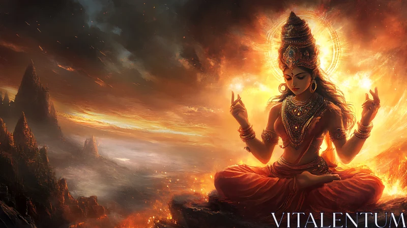 Digital painting of fiery meditative goddess in molten landscape.