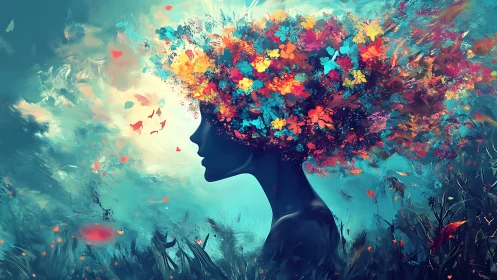 Silhouette profile with abstract floral explosion hair form.