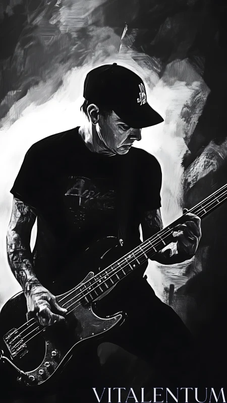 Monochrome electric bassist playing on dramatic stage.