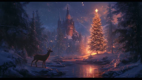 Winter forest river with illuminated tree and distant castle.