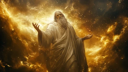 Celestial sage rising through molten starlight and glory.